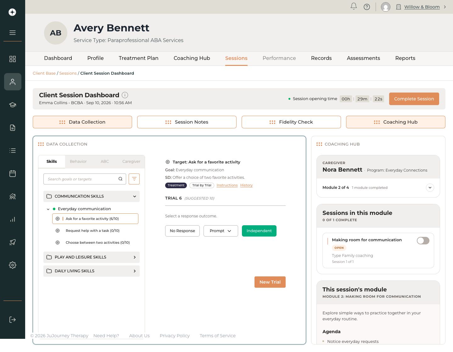 JuJourney’s clinical workspace with skill categories and trial response controls
